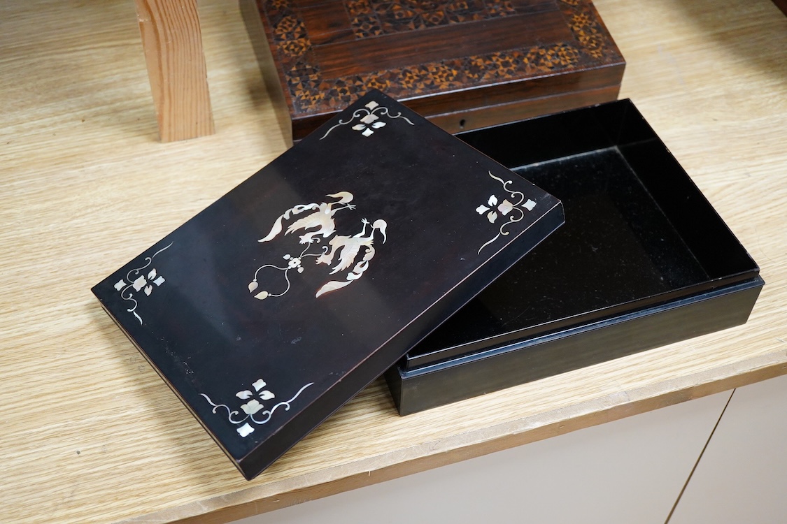 A Tunbridge ware half square mosaic banded writing slope, c.1830, a lacquer and mother of pearl inlaid box and an Indian bone veneered box, largest 34cm wide